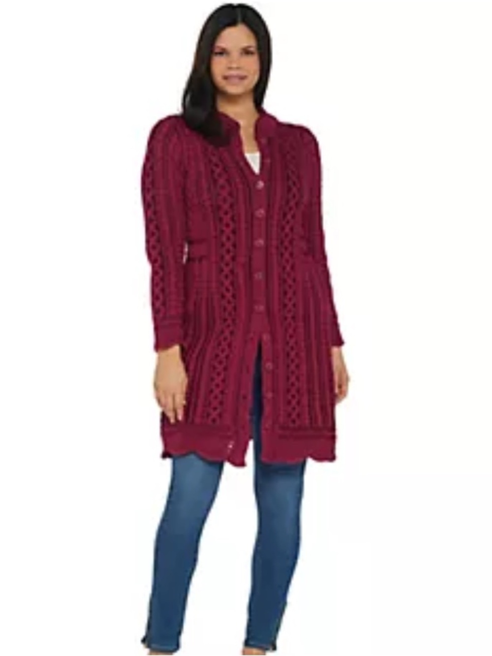 Aran Crafts Merino Wool Long Button Front Cardigan in Berry Size Larger